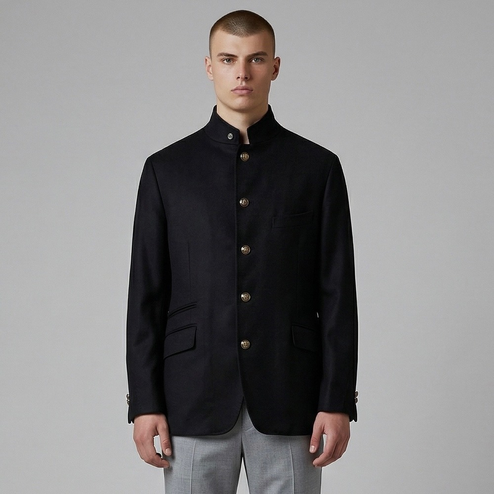 Corneliani ID Blazer‎ Mens 44R Black Wool Cashmere Stand Collar Nehru Jacket